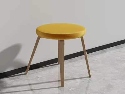 Round Yellow Stool with Upholstered Seat and Wooden Legs in Minimalist Interior with Gray Floor 3d model
