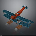Vintage Aviation Biplane Seaplane with Red Fuselage Blue Wings and Floats
