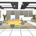 Modern Leisure Area Design With Yellow Gray Sofas Round Stools And Large Windows Plants