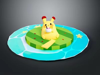 Yellow Animal With Red Ears Sitting On Green Platform Surrounded By Blue Water And Stars 3d model