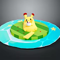 Yellow Animal With Red Ears Sitting On Green Platform Surrounded By Blue Water And Stars
