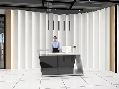 Modern Front Desk Reception With Curved White Walls Female Staff Computer Potted Plant 3d model