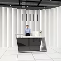 Modern Front Desk Reception With Curved White Walls Female Staff Computer Potted Plant