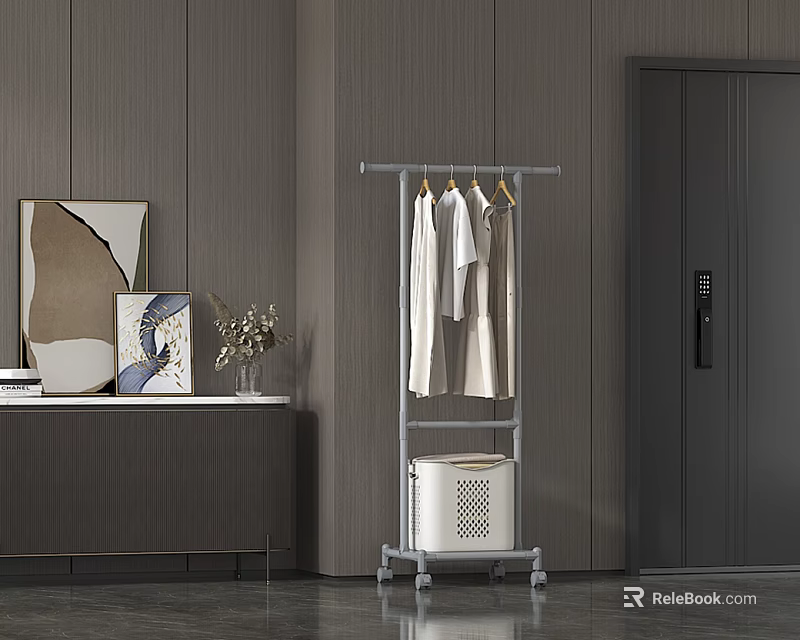 Modern Metal Clothes Rack With Wheeled Base White Storage Basket And Hanging Clothes 3d model 