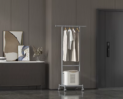 Modern Metal Clothes Rack With Wheeled Base White Storage Basket And Hanging Clothes 3d model