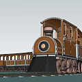 Vintage Steam Train With Orange Brown Carriages Large Wheels And Water Reflection Under Blue Sky