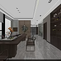 Modern Public Office Space Design With Long Wooden Desk Chairs Shelves And Decorative Items