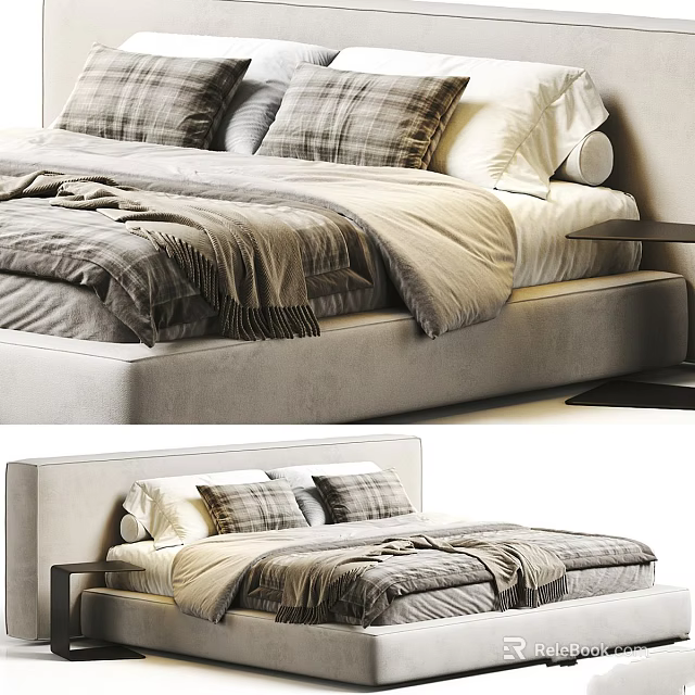 Modern Bedroom Interior Design With Plaid Pillows Grey Headboard Bedding And Side Table 3d model 