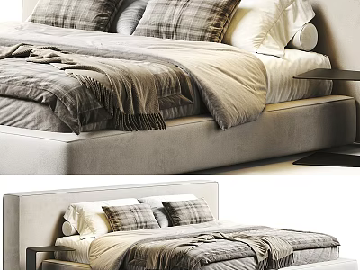 Modern Bedroom Interior Design With Plaid Pillows Grey Headboard Bedding And Side Table 3d model