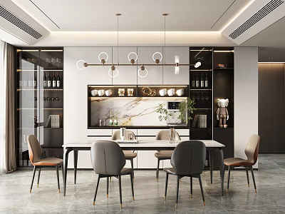 Modern Restaurant Interior Design With Dining Table Chairs Pendant Lights And Decorative Wall 3d model