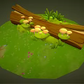 Whimsical Cartoon Scene with Fallen Log Mushrooms Lush Grass and Green Leaves