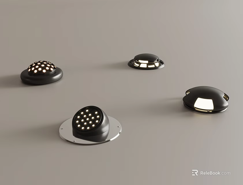 Black Round Lighting Fixtures with Different Patterns and Illuminated Details on Gray Surface 3d model 