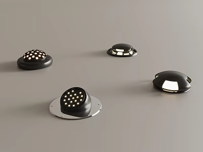 Black Round Lighting Fixtures with Different Patterns and Illuminated Details on Gray Surface 3d model