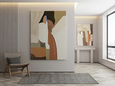 Stylish Interior With Large Abstract Painting Decorative Art Chair And Rug 3d model