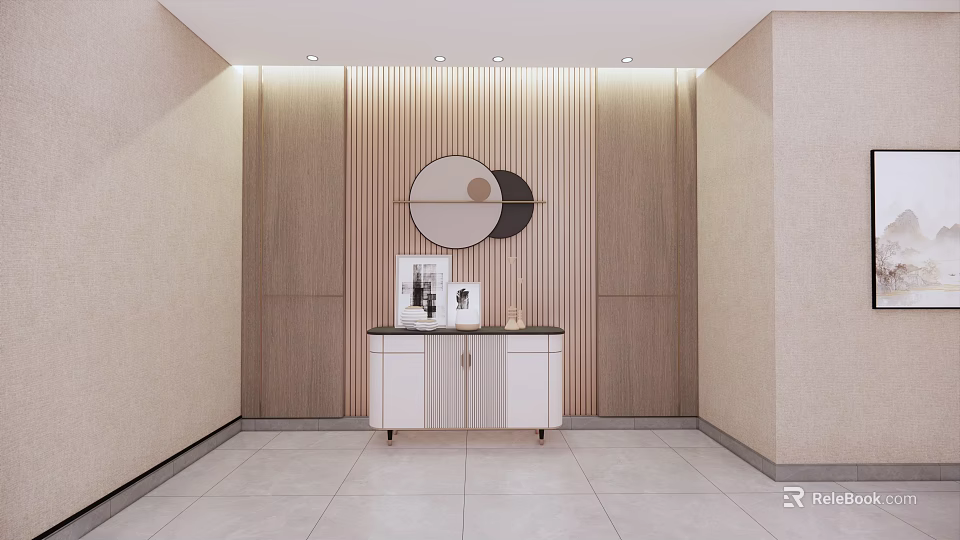 Modern Interior Wooden Vertical Striped Wall Decorative Cabinet Photo Frame Round Mirror 3d model 