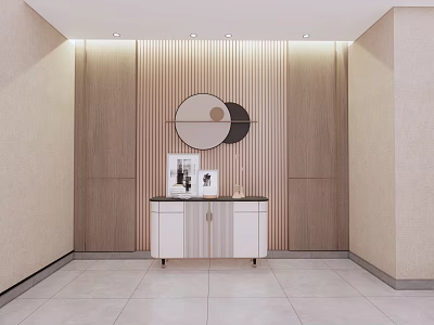 Modern Interior Wooden Vertical Striped Wall Decorative Cabinet Photo Frame Round Mirror 3d model