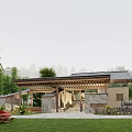 Traditional Modern Courtyard Architecture With Sloped Roof Green Trees And Pedestrian