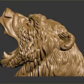 Golden Bear Head Sculpture with Open Mouth Detailed Fur Texture on Dark Background Shiny Reflection