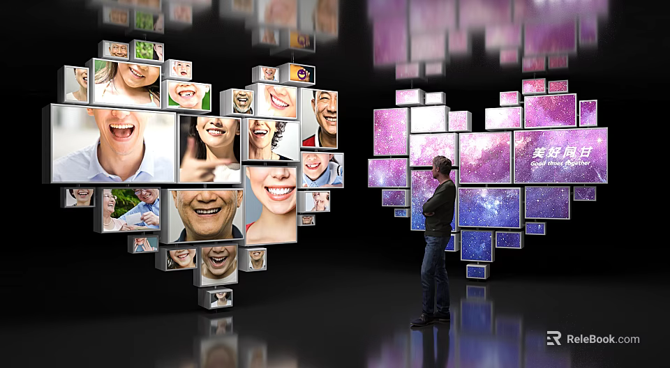 Art Installation Featuring Heart Shaped Screens Displaying Smiling Faces Purple Starry Skies And Viewer Watching 3d model 