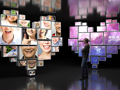 Art Installation Featuring Heart Shaped Screens Displaying Smiling Faces Purple Starry Skies And Viewer Watching 3d model