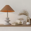 Modern Table Lamp Brown Shade White Base with Open Book White Cup Dried Flowers