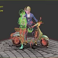 Two People Standing by Turquoise Scooter on Cobblestone Ground With Gray Background Spotlight Effect