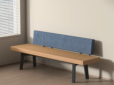 Modern Wooden Bench With Blue Fabric Backrest And Black Metal Legs In Room Interior 3d model