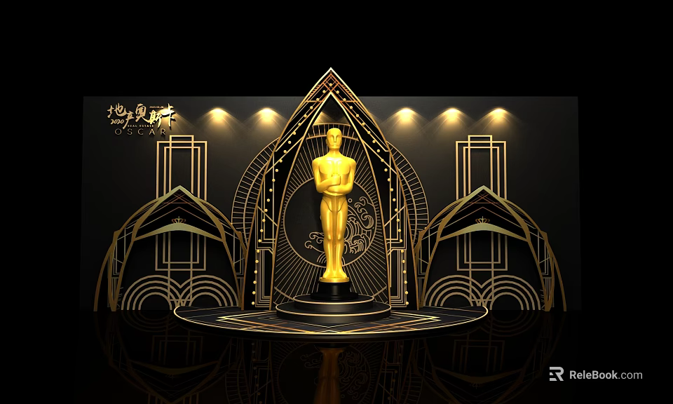 Golden Oscar Trophy Themed Photo Spot With Ornate Stage Geometric Patterns And Lighting 3d model 