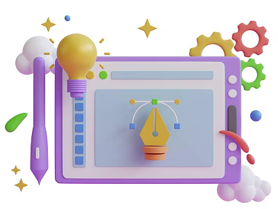 Smart Machine Creative Design With Digital Tablet Pen Tool Light Bulb Gears Clouds Stars 3d model