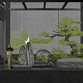 Zen Style Courtyard Garden With Pine Tree Stone Lantern Small Pond And Green Plants
