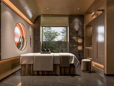 Luxury SPA Sauna Interior Design With Massage Bed Natural View And Soft Lighting 3d model