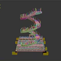 Detailed Spiral Staircase 3D Model With Pink Steps Metal Frame Base And Yellow Support Blocks