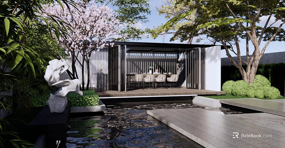 Tranquil Courtyard Garden With Cherry Blossom Tree Pavilion Water Feature And Lush Greenery 3d model 
