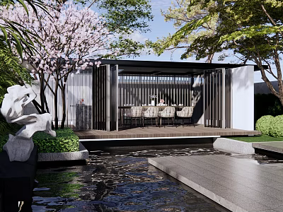 Tranquil Courtyard Garden With Cherry Blossom Tree Pavilion Water Feature And Lush Greenery 3d model