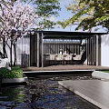 Tranquil Courtyard Garden With Cherry Blossom Tree Pavilion Water Feature And Lush Greenery