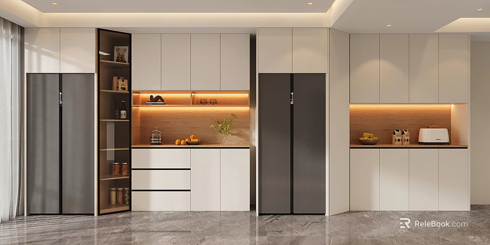 Modern Kitchen With Built in Wine Cabinet White Cabinets LED Lighting And Fruits 3d model 