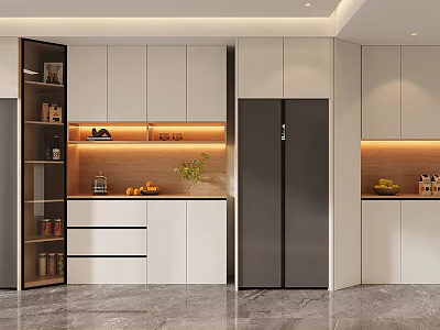 Modern Kitchen With Built in Wine Cabinet White Cabinets LED Lighting And Fruits 3d model