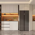 Modern Kitchen With Built in Wine Cabinet White Cabinets LED Lighting And Fruits
