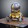 Miniature Knight Figurine With Silver Helmet Golden Details And Spiked Mace On Stone Slab Base 3d model