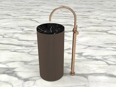 Modern Cylindrical Washbasin with Ribbed Surface Black Marble Countertop and Copper Faucet on Marble Floor 3d model