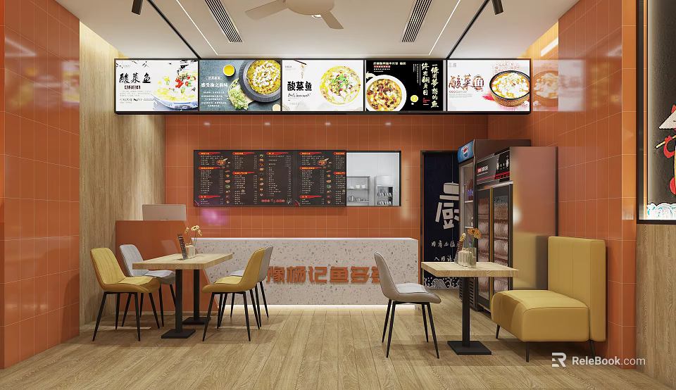 Bright Restaurant Dining Area With Menu Boards Tables Yellow Chairs Booth Seating And Orange Walls 3d model 