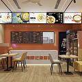 Bright Restaurant Dining Area With Menu Boards Tables Yellow Chairs Booth Seating And Orange Walls