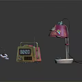 Colorful Vintage Electronic Devices With Radio Alarm Clock And Table Lamp