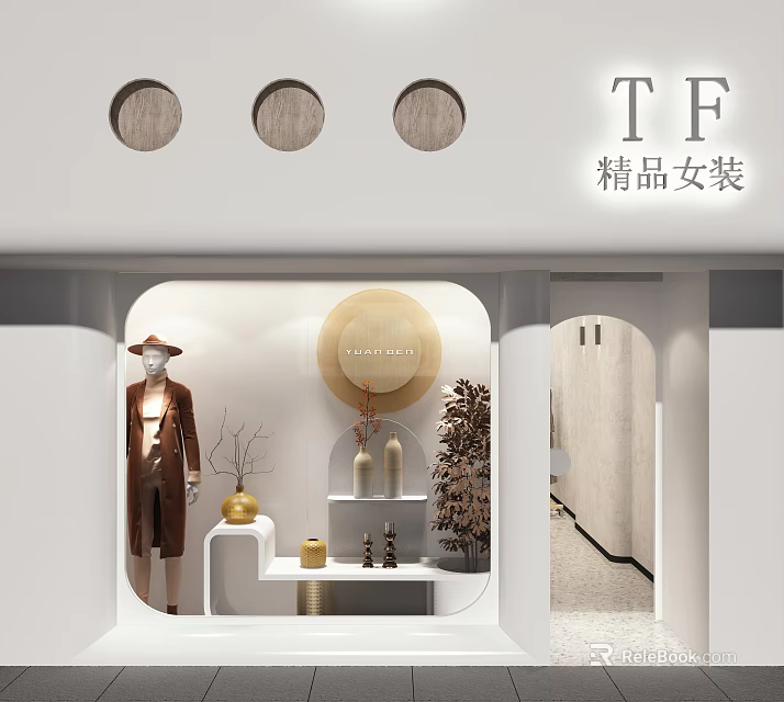 Boutique Women's Clothing Store With Modern Window Display Mannequin And Decorations 3d model 