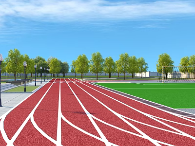 Red Running Track With White Lines Green Sports Field Trees Street Lamps And Blue Sky 3d model