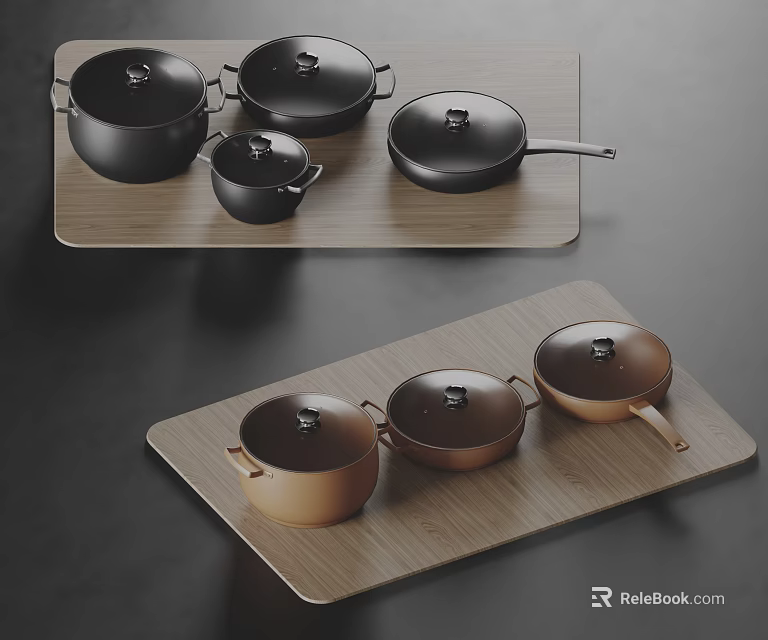 Black and Copper Cookware Set on Wooden Trays with Lids and Frying Pan 3d model 