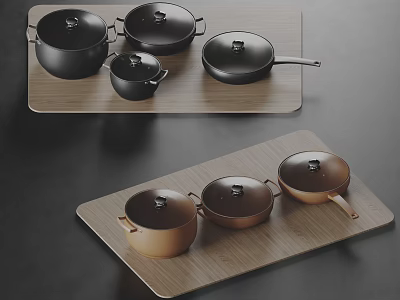 Black and Copper Cookware Set on Wooden Trays with Lids and Frying Pan 3d model