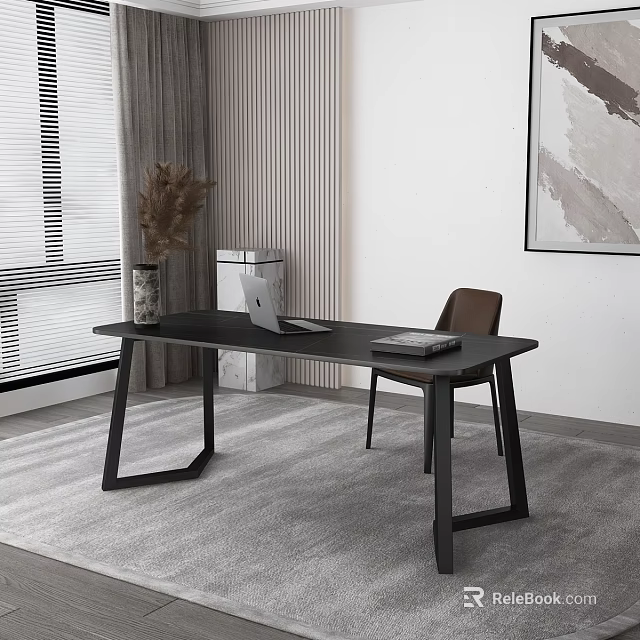 Modern Black Desk With Laptop And Brown Chair By Window With Gray Curtains 3d model 