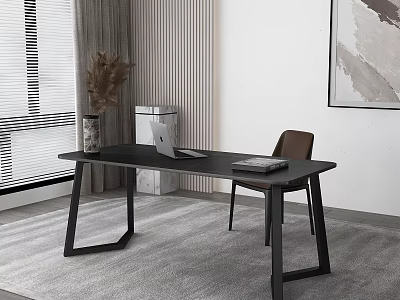 Modern Black Desk With Laptop And Brown Chair By Window With Gray Curtains 3d model