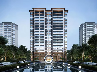 Modern High Rise Residential Building With Trees Front Water Pool And Circular Entrance 3d model